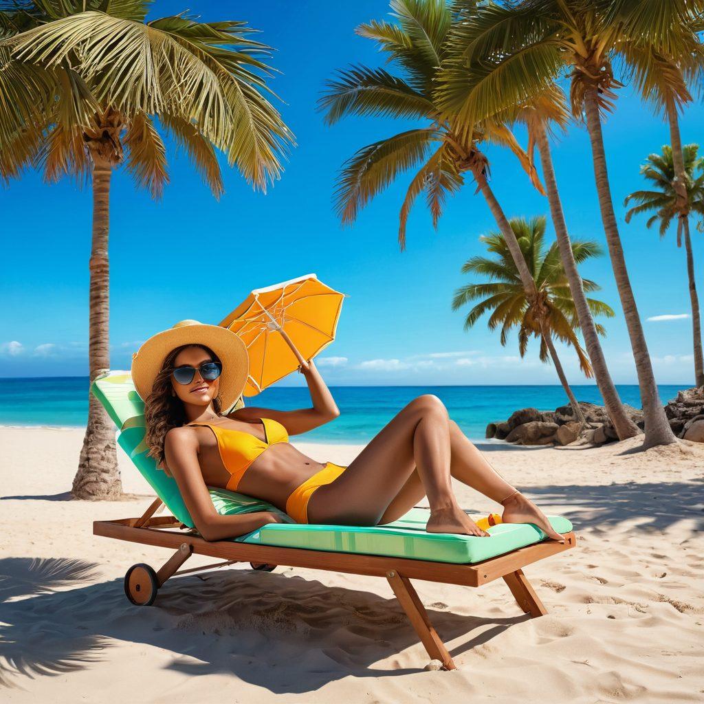 A stylish woman lounging on a sunbed by the beach, wearing a trendy swimsuit and oversized sunglasses. Bright beach umbrellas and palm trees in the background, with a sea and sandy shore on the side. Vibrant tropical colors and a soft summer glow create an inviting atmosphere. A hint of beach accessories like a sunhat and chic sandals scattered around. super-realistic. vibrant colors. sunny ambiance.